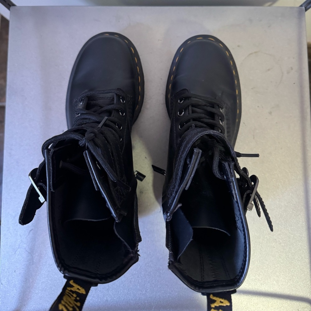 Dr. Martens Black Lace-Up Leather Boots with Yellow Stitching